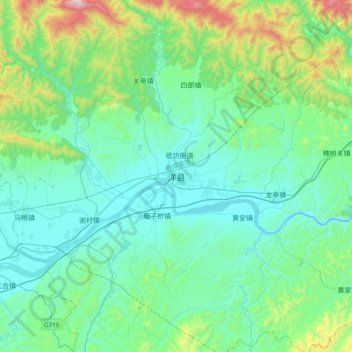 Топографическая карта 洋县, высота, рельеф