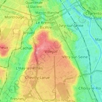 Топографическая карта Villejuif, высота, рельеф