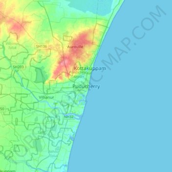 Топографическая карта Puducherry, высота, рельеф