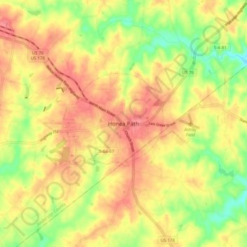 Топографическая карта Honea Path, высота, рельеф