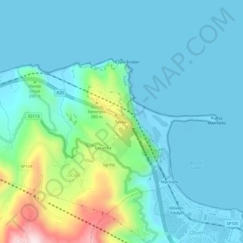 Топографическая карта Tindari, высота, рельеф