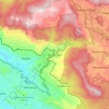 Топографическая карта Nanu Oya, высота, рельеф