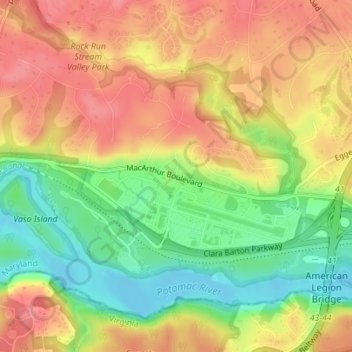 Топографическая карта Carderock, высота, рельеф