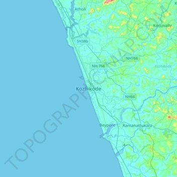 Топографическая карта Kozhikode, высота, рельеф