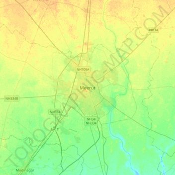 Топографическая карта Meerut, высота, рельеф
