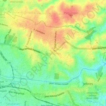 Топографическая карта Mojosongo, высота, рельеф