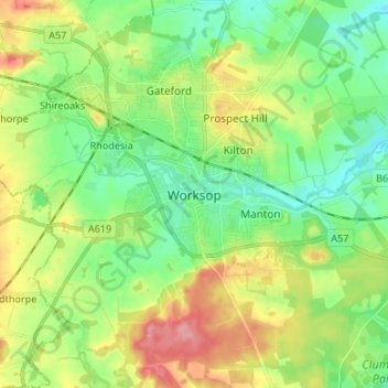 Топографическая карта Worksop, высота, рельеф
