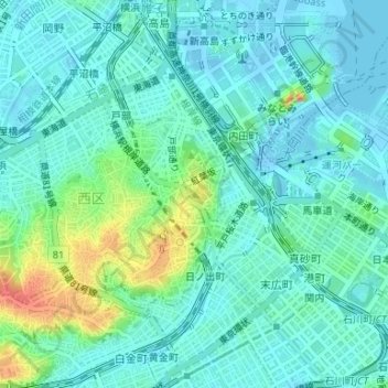 Топографическая карта 伊勢山（横浜市西区宮崎町）, высота, рельеф