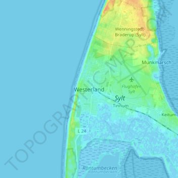 Топографическая карта Westerland, высота, рельеф
