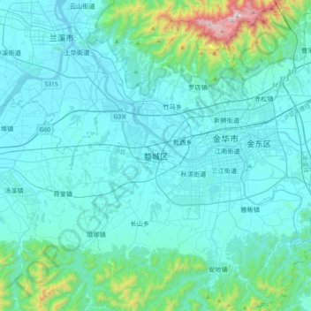 Топографическая карта 婺城区, высота, рельеф