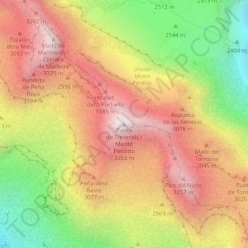 Топографическая карта Monte Perdido, высота, рельеф