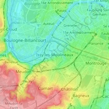 Топографическая карта Issy-les-Moulineaux, высота, рельеф