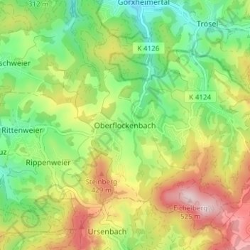 Топографическая карта Oberflockenbach, высота, рельеф