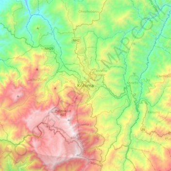 Топографическая карта Kohima, высота, рельеф