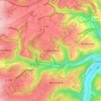 Топографическая карта Ettelscheid, высота, рельеф