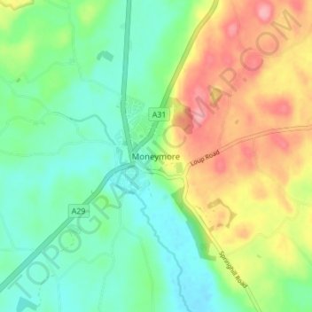 Топографическая карта Moneymore, высота, рельеф