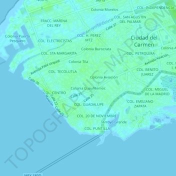 Топографическая карта Colonia Cuauhtemoc, высота, рельеф