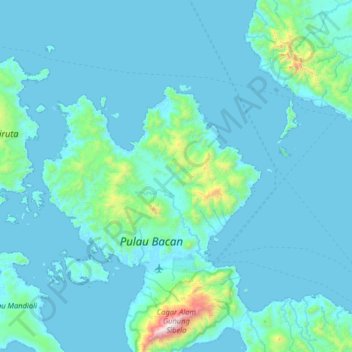 Топографическая карта Bacan Island, высота, рельеф