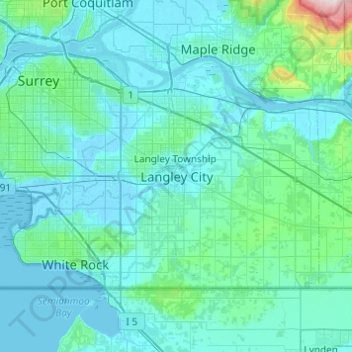 Топографическая карта Langley City, высота, рельеф