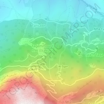 Топографическая карта Tasga n tazarin, высота, рельеф