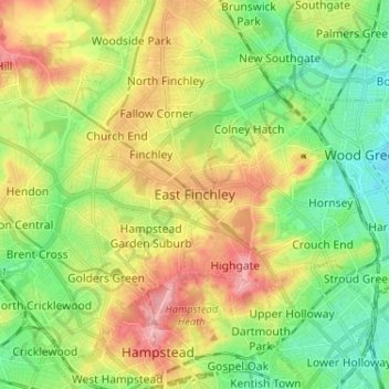 Топографическая карта East Finchley, высота, рельеф