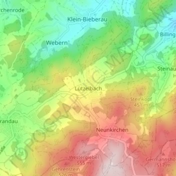 Топографическая карта Lützelbach, высота, рельеф
