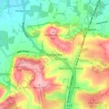 Топографическая карта Pyecombe, высота, рельеф