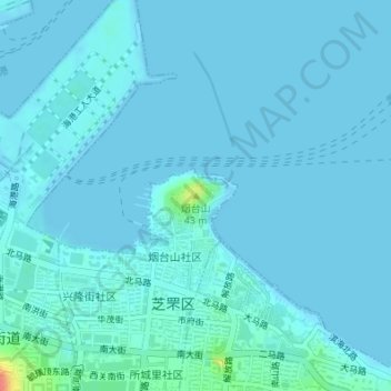 Топографическая карта 烟台山, высота, рельеф