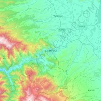 Топографическая карта Baramulla, высота, рельеф