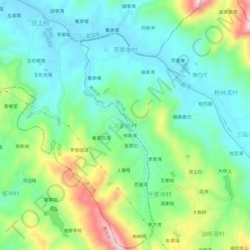 Топографическая карта 冯家岗村, высота, рельеф