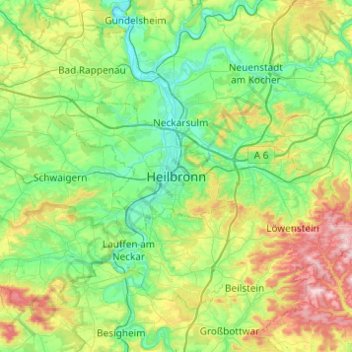 Топографическая карта Heilbronn, высота, рельеф