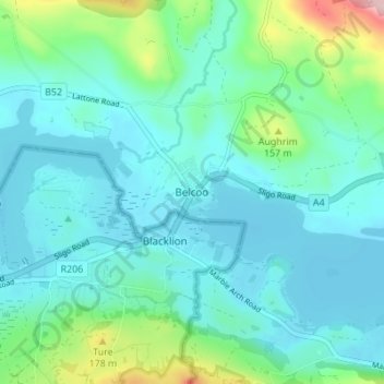 Топографическая карта Belcoo, высота, рельеф