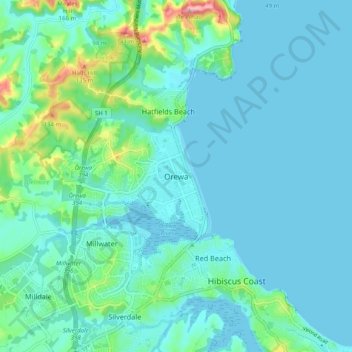 Топографическая карта Orewa, высота, рельеф