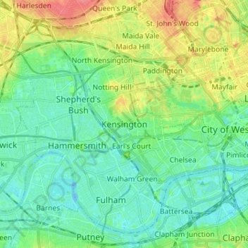 Топографическая карта Кенсингтон, высота, рельеф