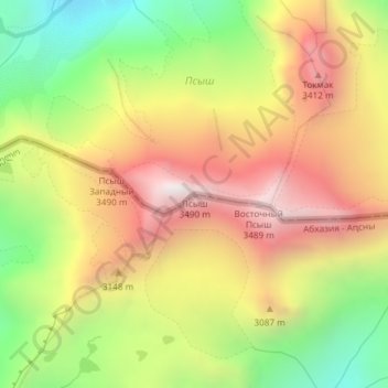Топографическая карта Псыш, высота, рельеф