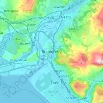 Топографическая карта Briton Ferry, высота, рельеф