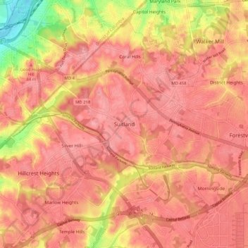 Топографическая карта Suitland, высота, рельеф