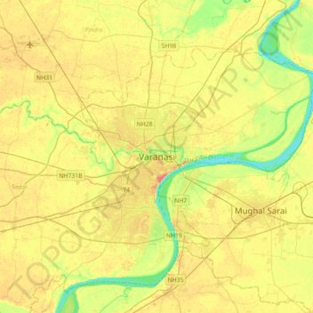 Топографическая карта Varanasi, высота, рельеф