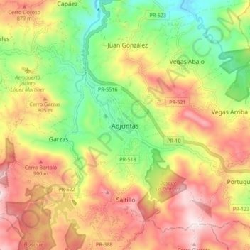Топографическая карта Adjuntas, высота, рельеф
