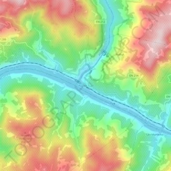 Топографическая карта Foz do Tua, высота, рельеф