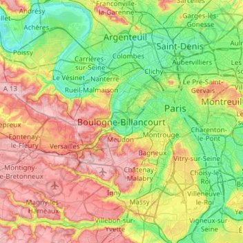 Топографическая карта Boulogne-Billancourt, высота, рельеф