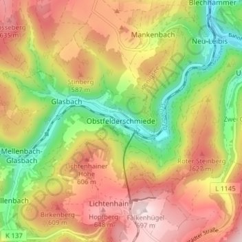 Топографическая карта Obstfelderschmiede, высота, рельеф