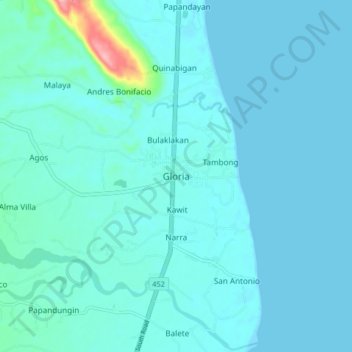 Топографическая карта Gloria, высота, рельеф