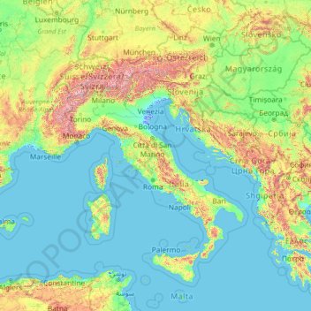 Топографическая карта Italia, высота, рельеф