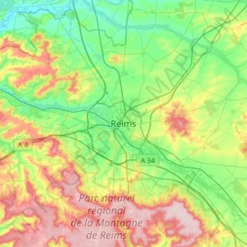 Топографическая карта Reims, высота, рельеф