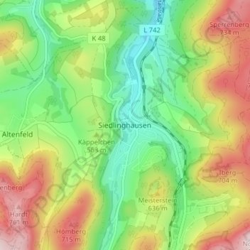 Топографическая карта Siedlinghausen, высота, рельеф