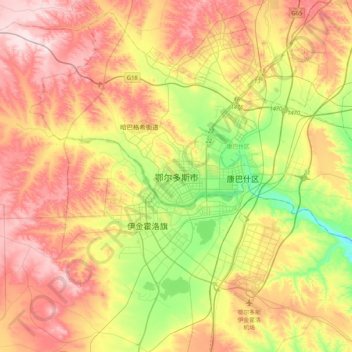 Топографическая карта 鄂尔多斯市, высота, рельеф