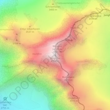 Топографическая карта Jungfrau, высота, рельеф