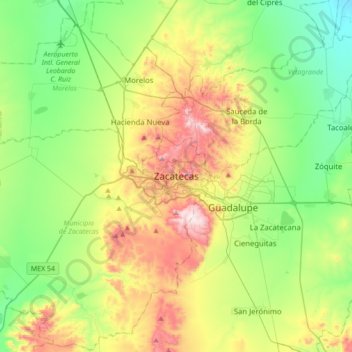 Топографическая карта Zacatecas, высота, рельеф