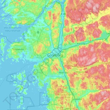 Топографическая карта Гётеборг, высота, рельеф